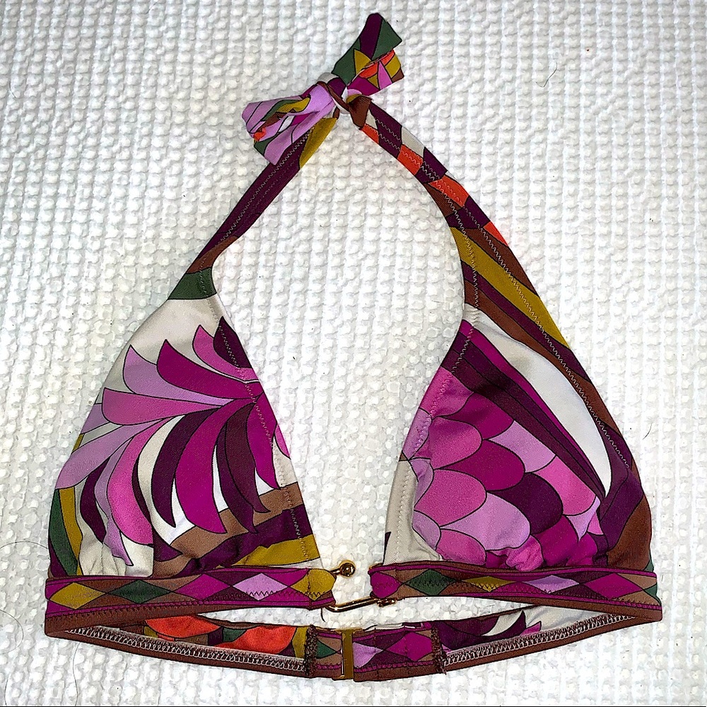 BCBGMaxAzria Swim Aubergine Rainbow Cabaret Hook Halter Bikini Top Sz XS